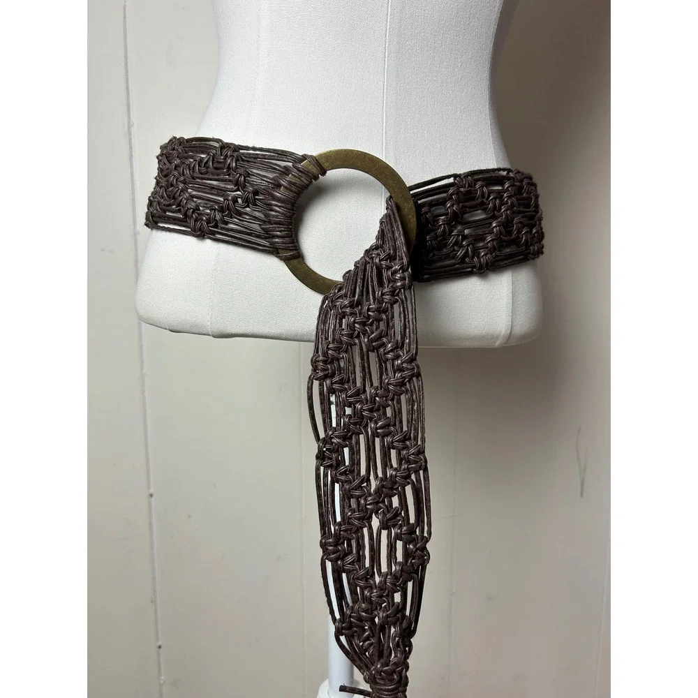 Boho Brown Macrame Wide Waist Belt O-Ring Buckle Hippie Fringe Western Festival